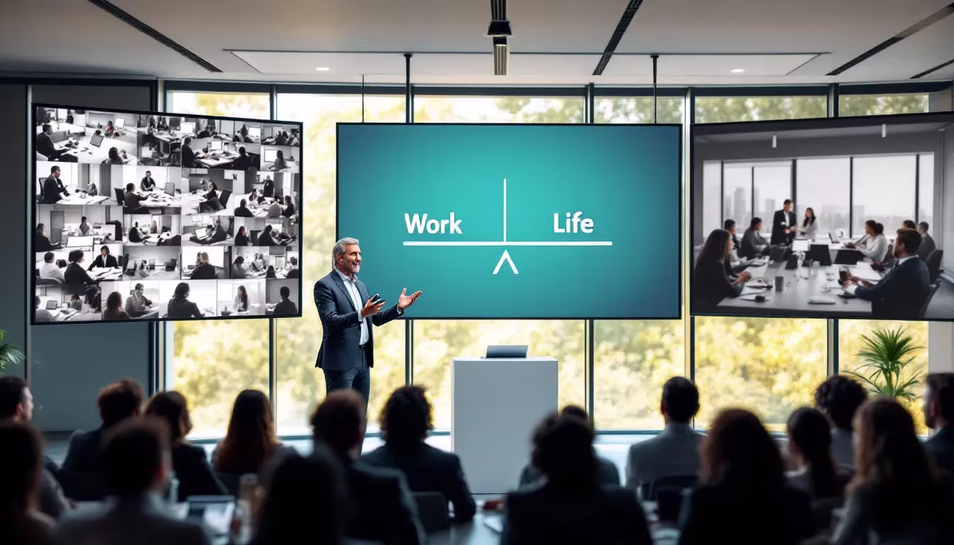 company manager giving a presentation to his teams on the subject of work/life balance