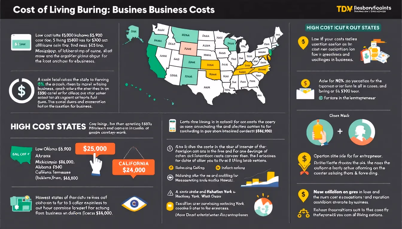 異なる州における企業の生活費と運営コスト、低コスト州と高コスト州を強調。