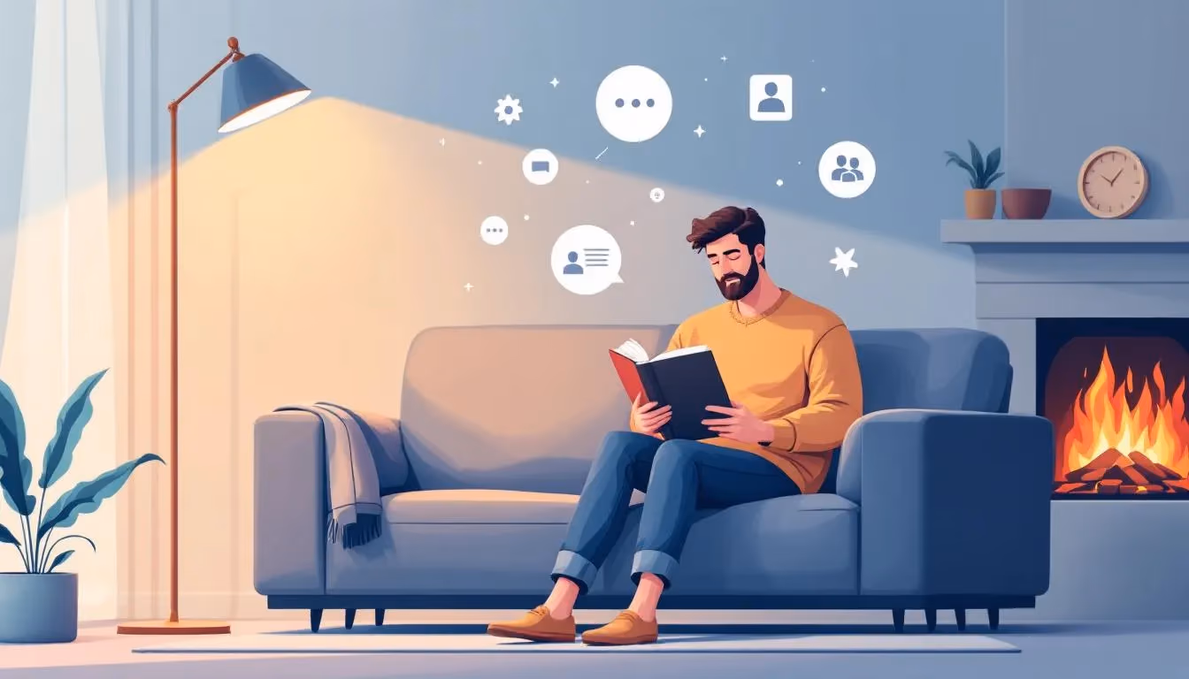 A person reading a leadership book in a cozy setting.