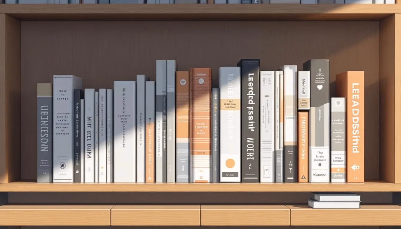 A collection of leadership books displayed on a shelf.