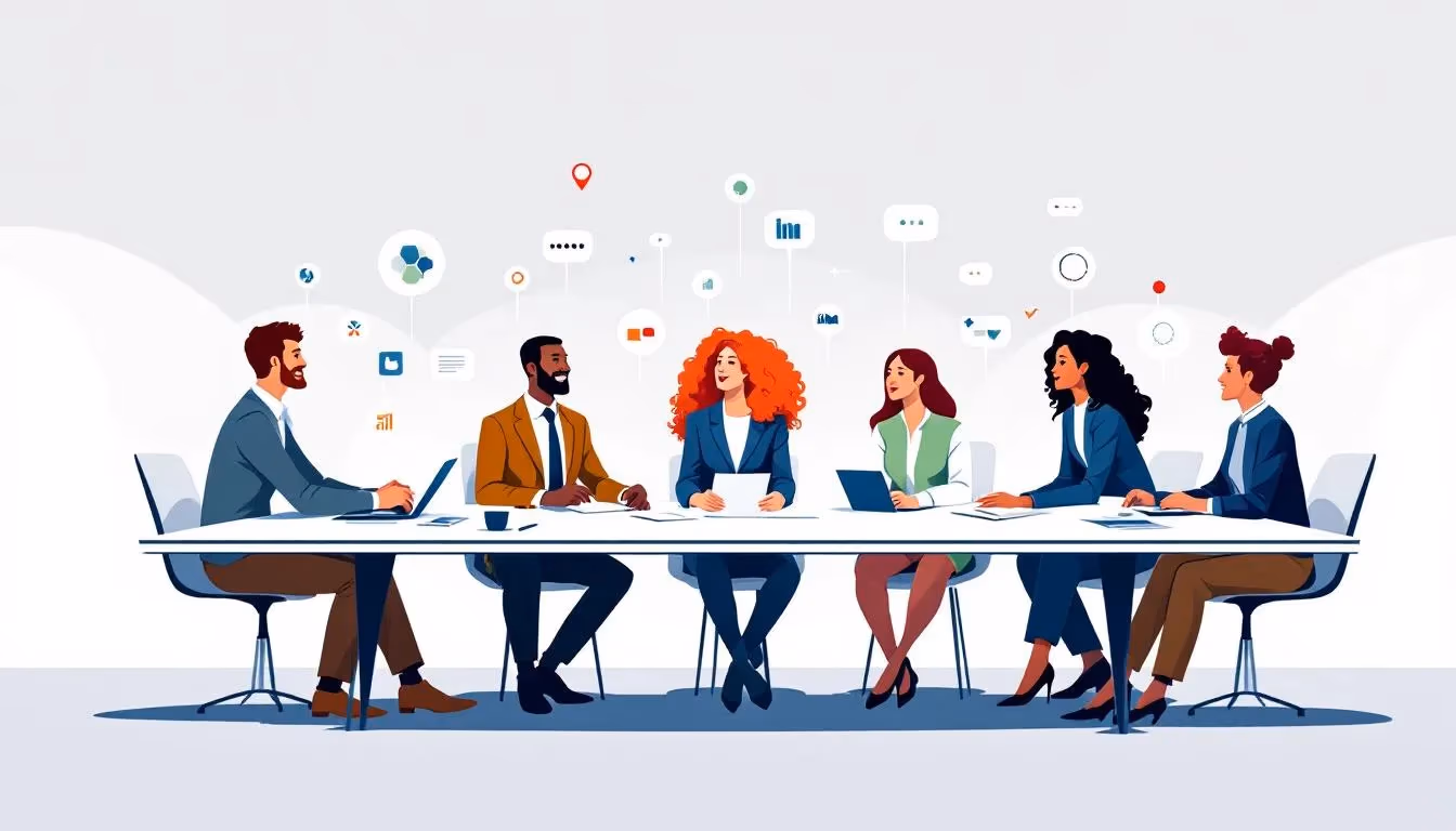 A group of diverse leaders collaborating over a leadership book.